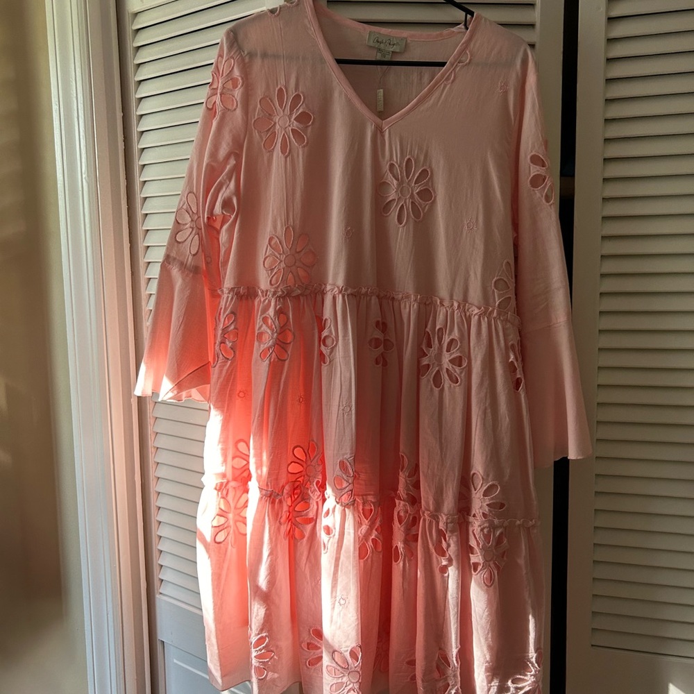 Light pink dress with flower cut outs. 3/4 length sleeves. V neck. Never worn